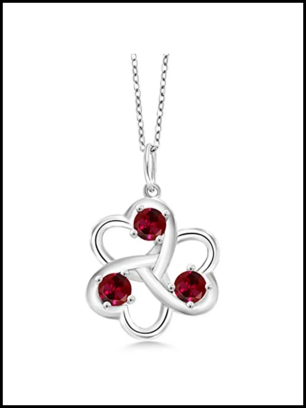 4mm Created Ruby 3 Hearts Interlock Pendant Necklace - 925 Sterling Silver with